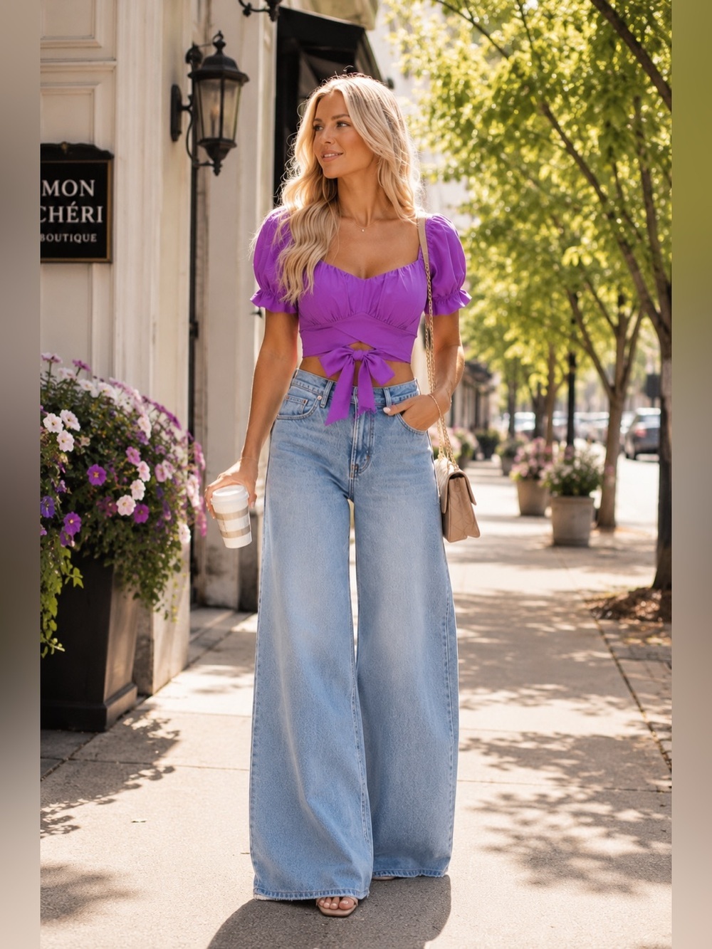 Source Unknown Purple Tie-Front Puff Sleeve Crop Top